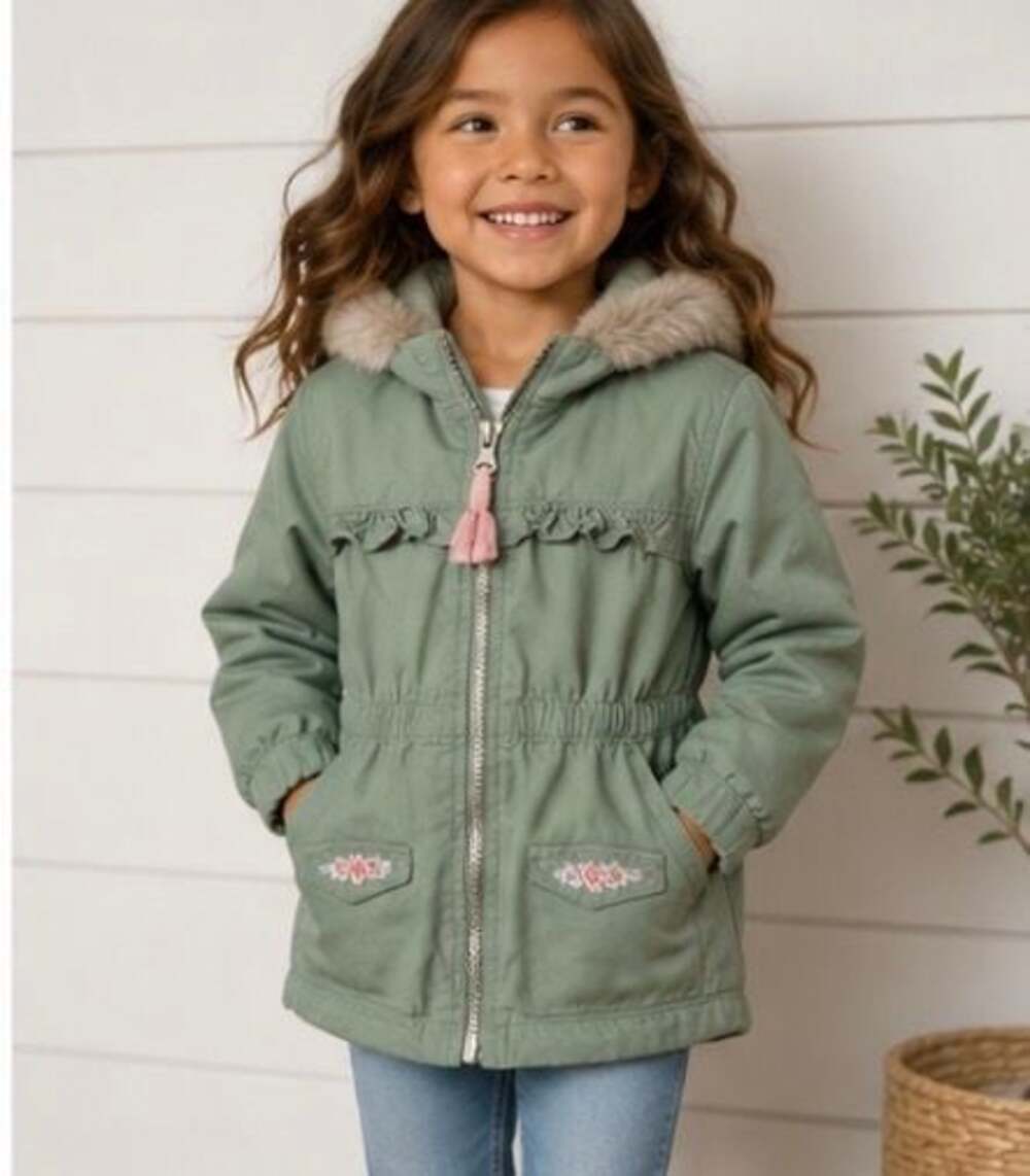 Little Lass Olive Green Hooded Jacket with Fux Fur Trim & Floral Pockets 4T_K23
